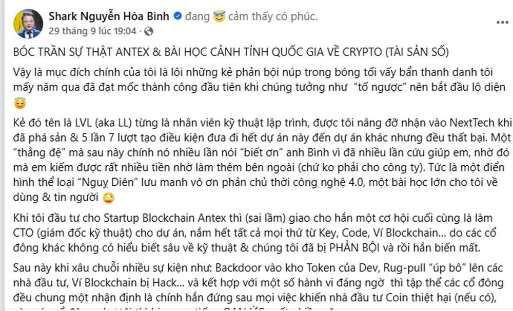 Shark Nguyễn Hòa Bình là ai, vì sao vướng vào lùm xùm tiền ảo AntEX?